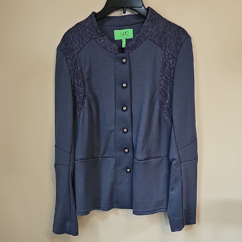 LOGO by Lori Goldstein Blue Jacket with Black Silver Buttons Lace Insets New!